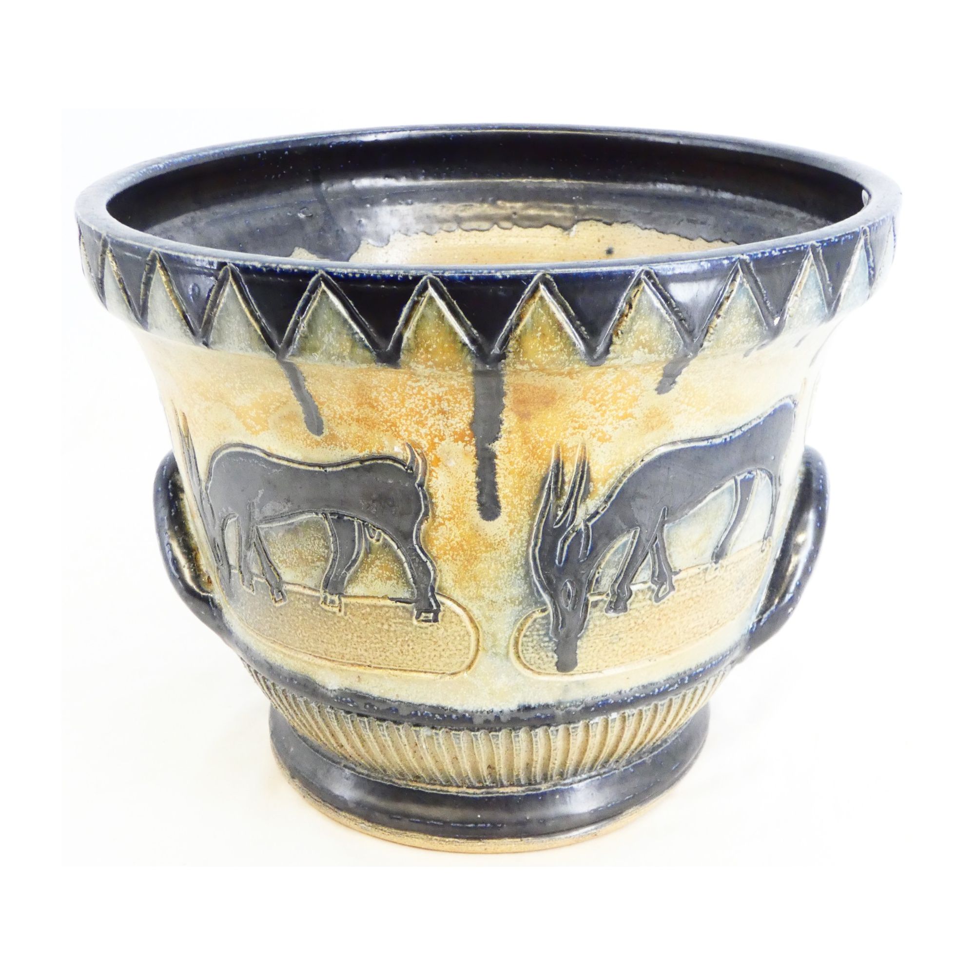 Enameled Plant Pot with Signed Antelope Decor Enameled Plant Pot with Signed Antelope Decor