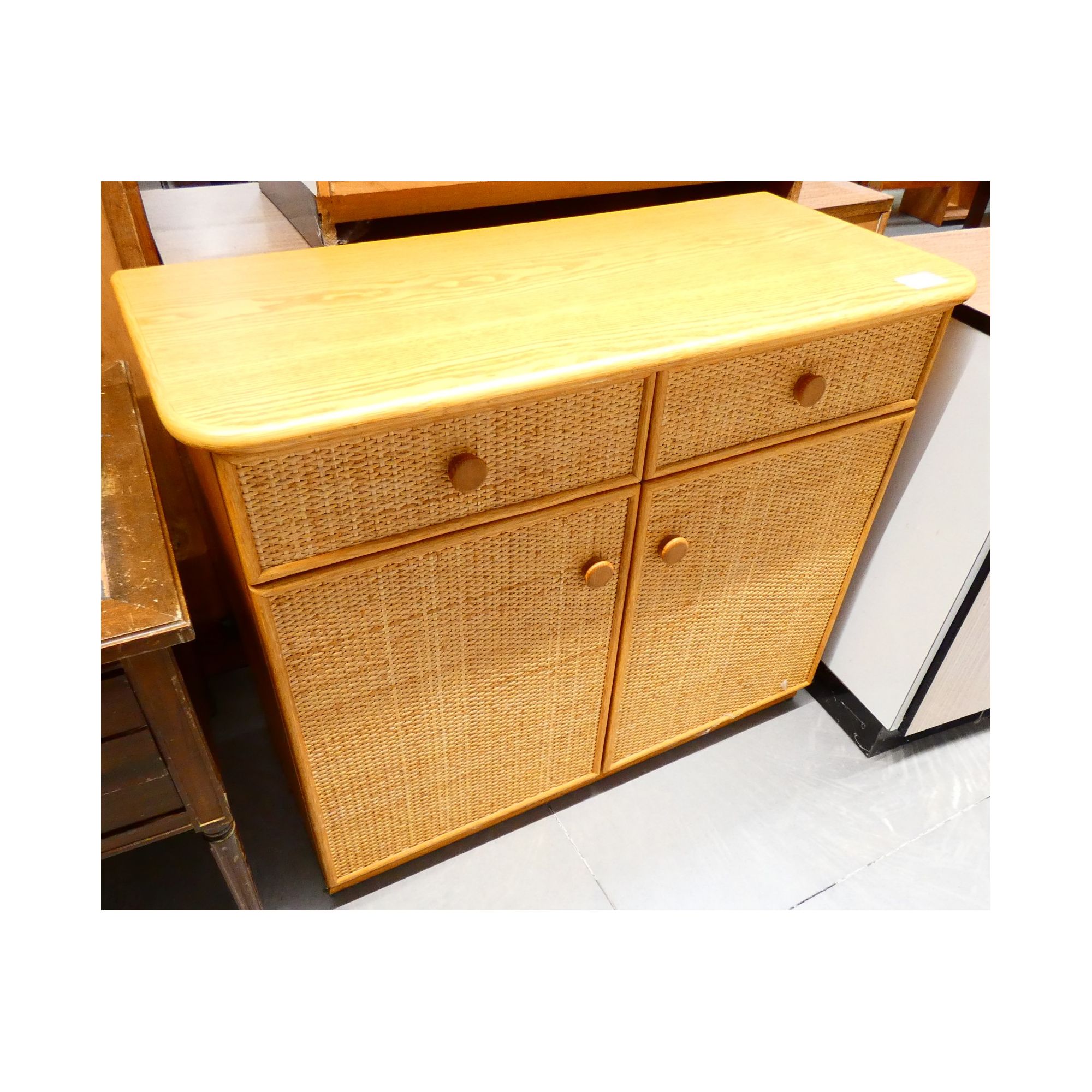 Small 2-Door, 2-Drawer Chest of Drawers with Rattan Finish Small 2-Door, 2-Drawer Chest of Drawers with Rattan Finish