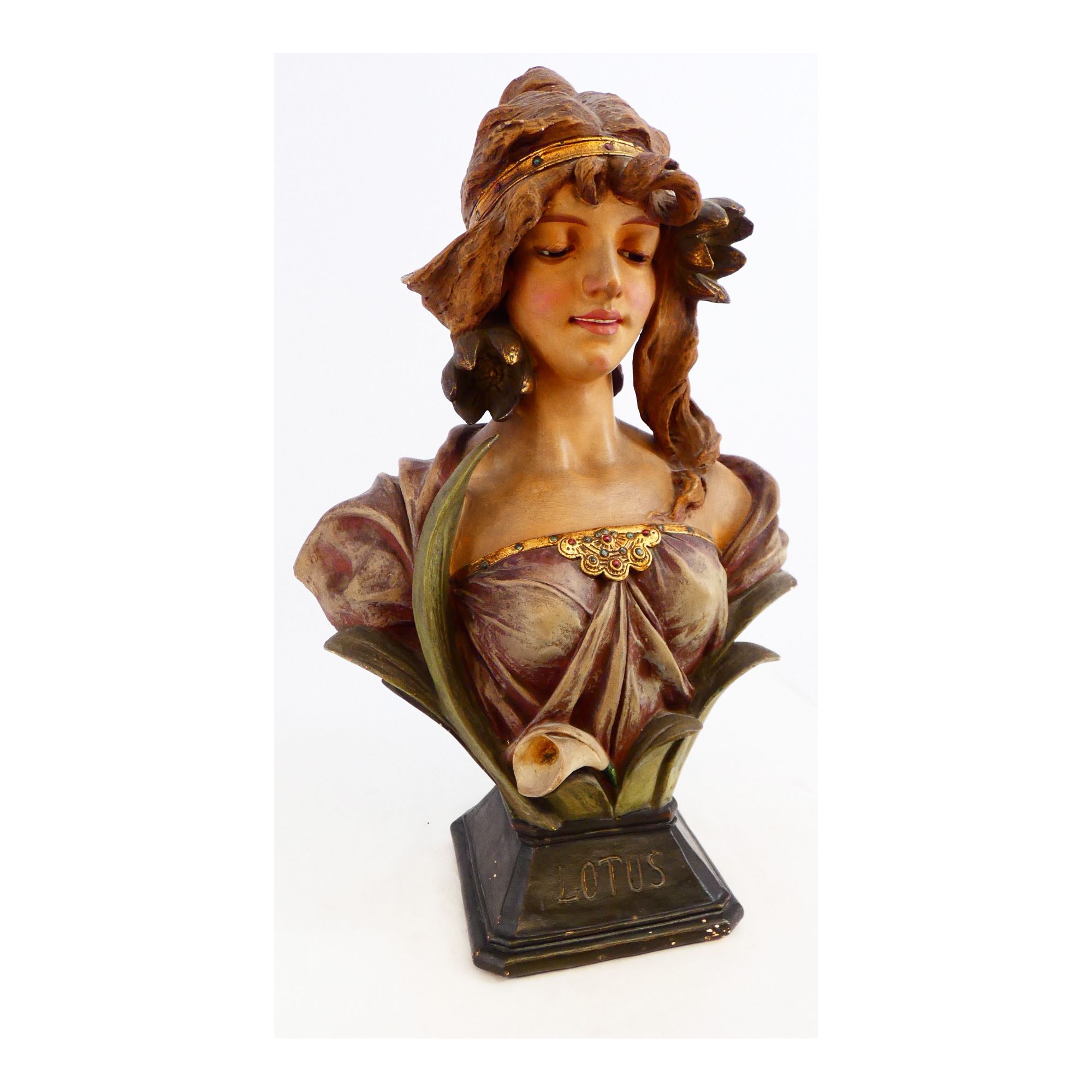 Polychrome Plaster Bust LOTUS Art Nouveau Signed J.P ROUGNEAUX Polychrome Plaster Bust LOTUS Art Nouveau Signed J.P ROUGNEAUX