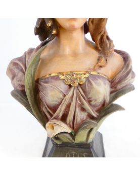 Polychrome Plaster Bust LOTUS Art Nouveau Signed J.P ROUGNEAUX