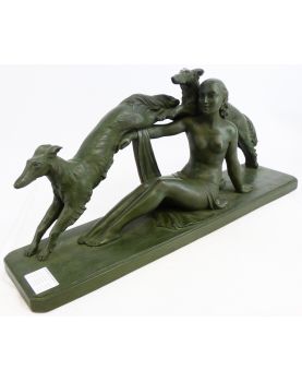 Large Art Deco Plaster Woman with Dogs in Green Patina