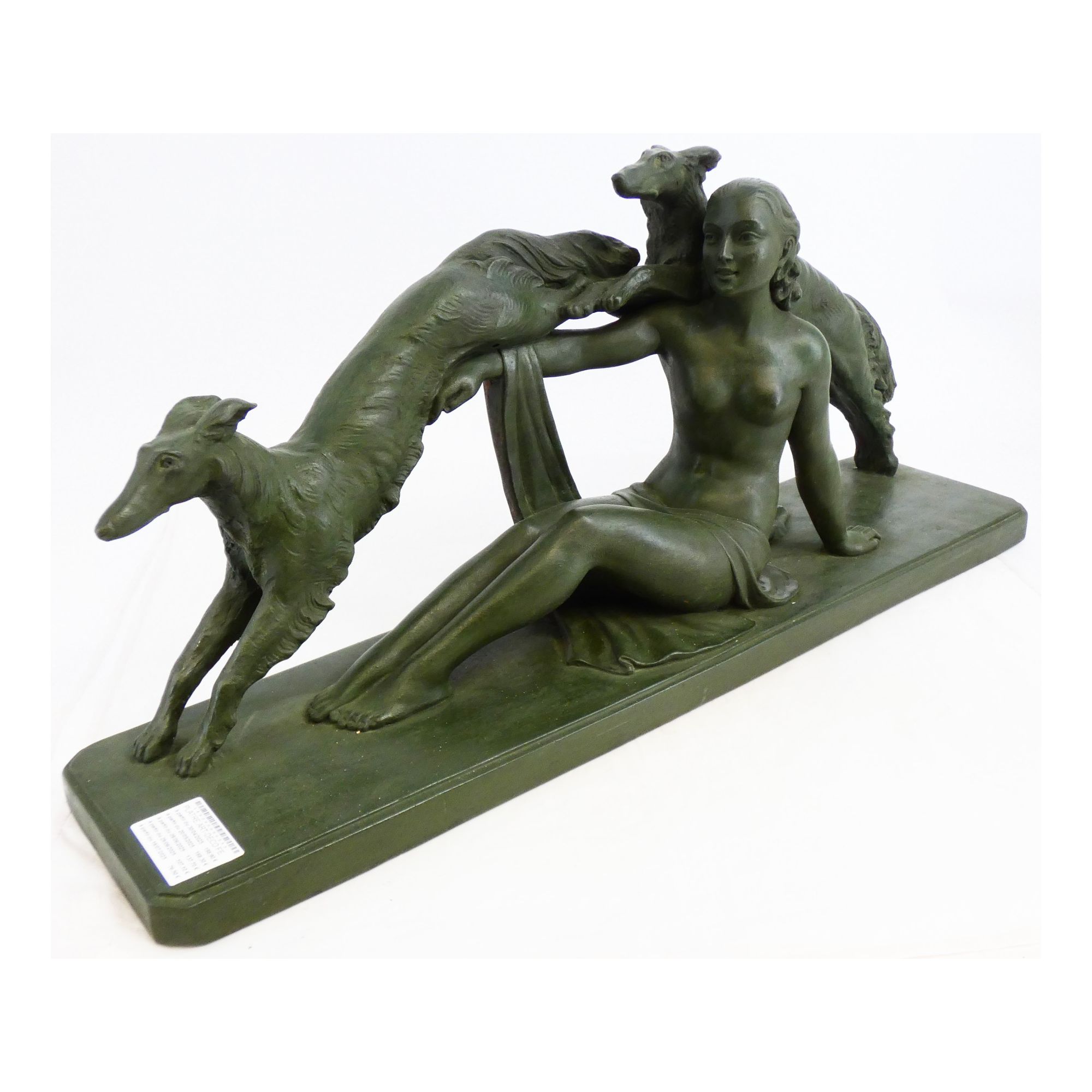 Large Art Deco Plaster Woman with Dogs in Green Patina Large Art Deco Plaster Woman with Dogs in Green Patina