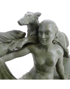 Large Art Deco Plaster Woman with Dogs in Green Patina