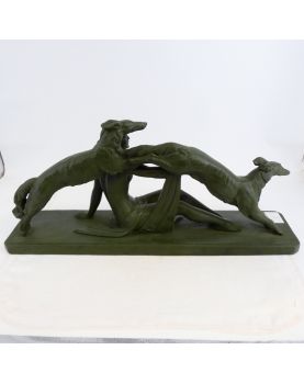 Large Art Deco Plaster Woman with Dogs in Green Patina