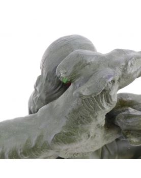 Large Art Deco Plaster Woman with Dogs in Green Patina