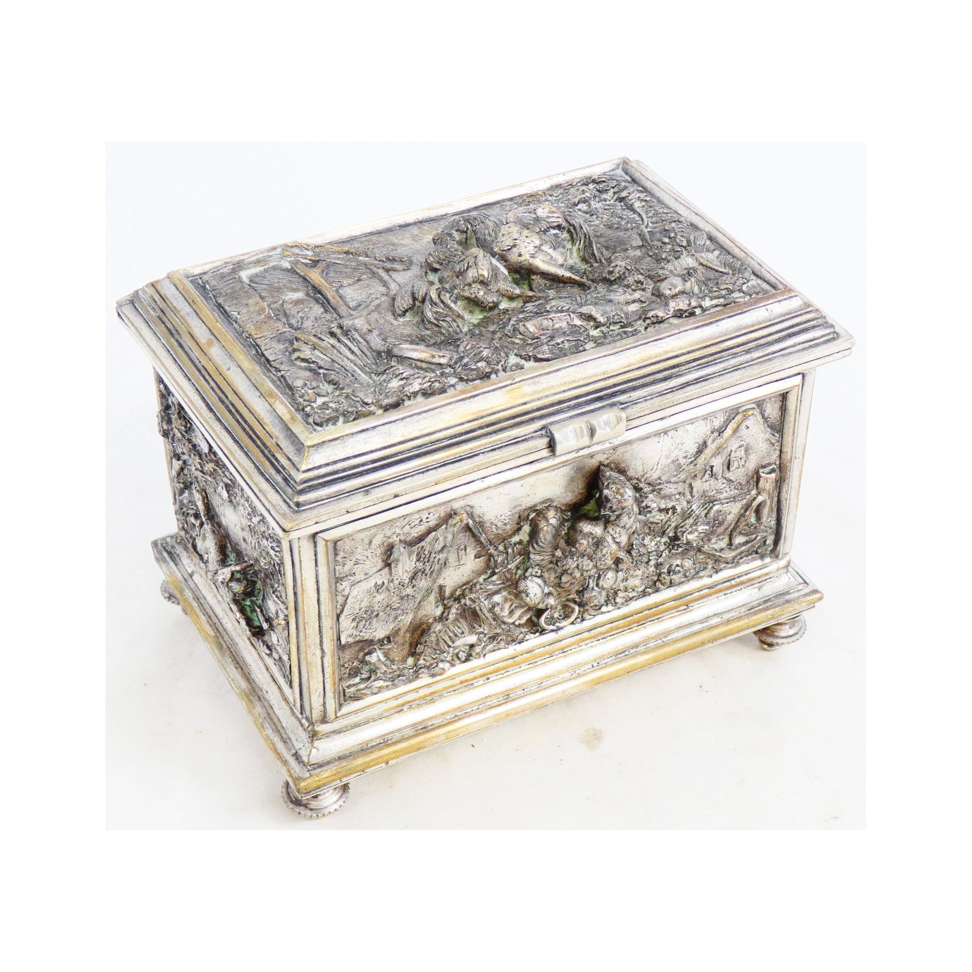 Napoleon III Silver-Plated Bronze Jewel Chest with Relief Decor Napoleon III Silver-Plated Bronze Jewel Chest with Relief Decor
