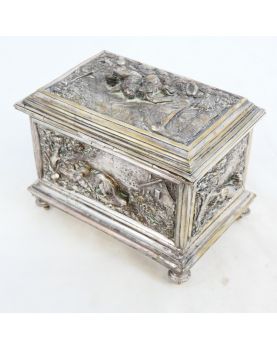 Napoleon III Silver-Plated Bronze Jewel Chest with Relief Decor