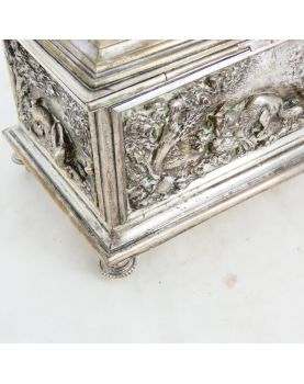 Napoleon III Silver-Plated Bronze Jewel Chest with Relief Decor