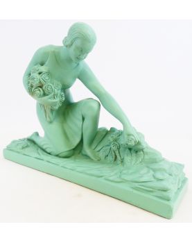 Plâtre Art Déco Peint Vert Femme Aux Fleurs GREGORI