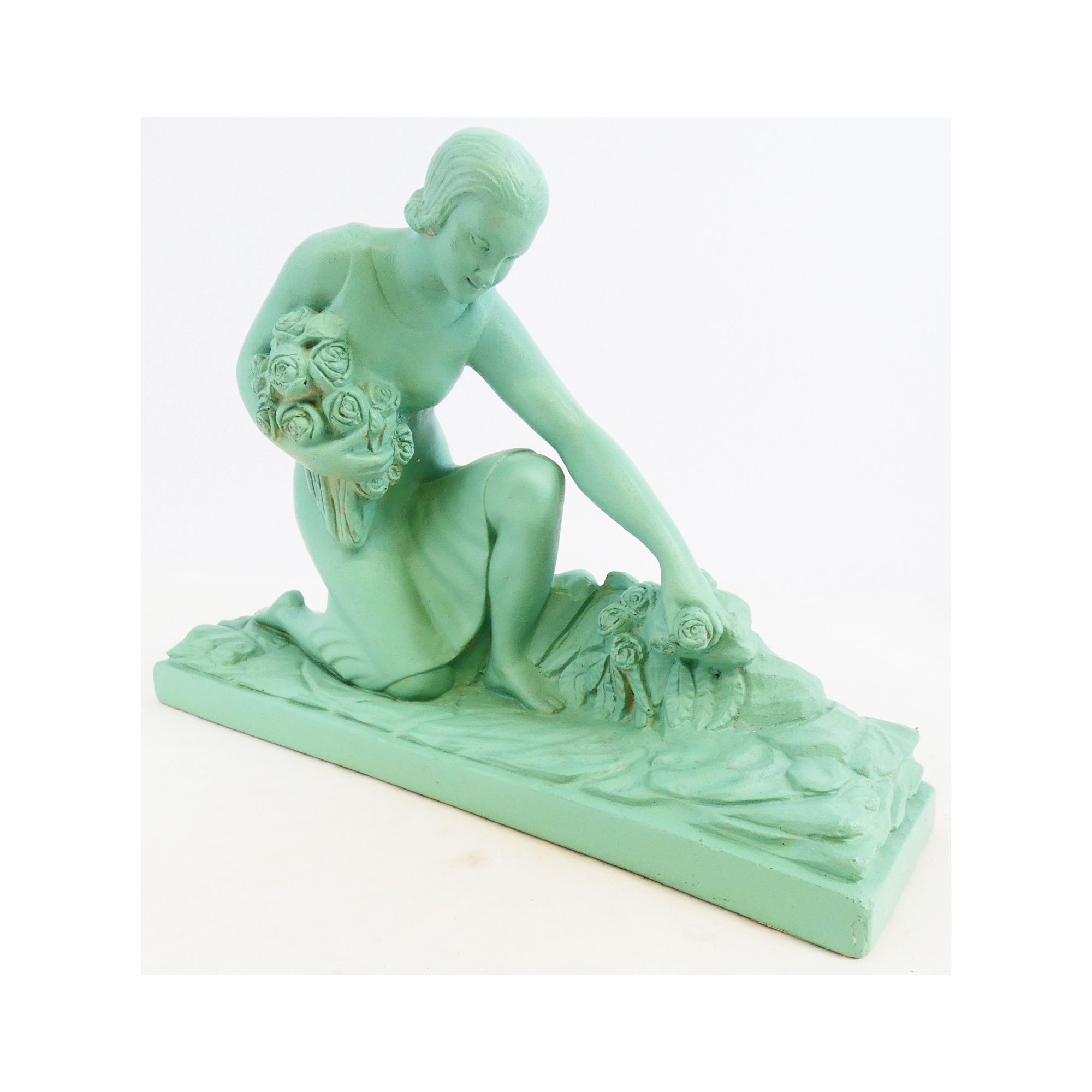 Art Deco Plaster Painted Green Woman with Flowers GREGORI Art Deco Plaster Painted Green Woman with Flowers GREGORI