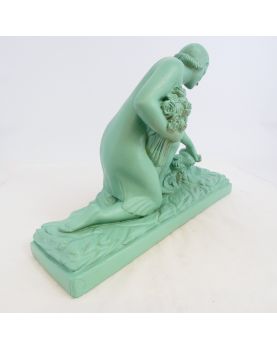 Art Deco Plaster Painted Green Woman with Flowers GREGORI