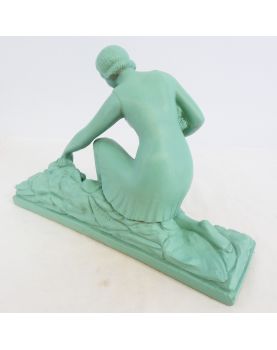 Art Deco Plaster Painted Green Woman with Flowers GREGORI