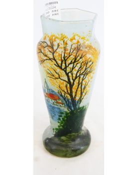 Enameled Vase with Church Decor in the Style of LEGRAS