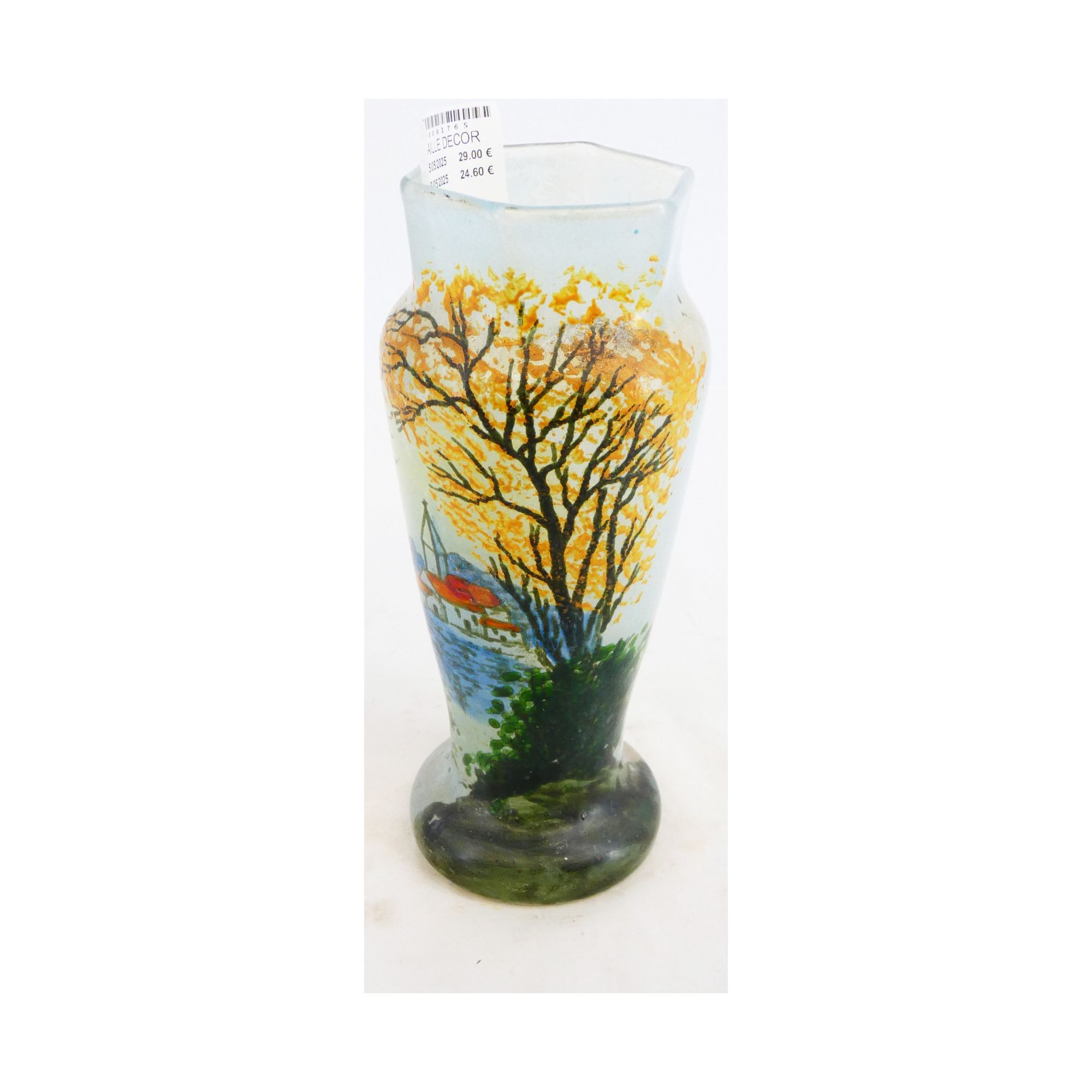 Enameled Vase with Church Decor in the Style of LEGRAS Enameled Vase with Church Decor in the Style of LEGRAS