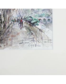 Cadre Aquarelle Homme Assis sur un Banc Signé D.VERPECHT