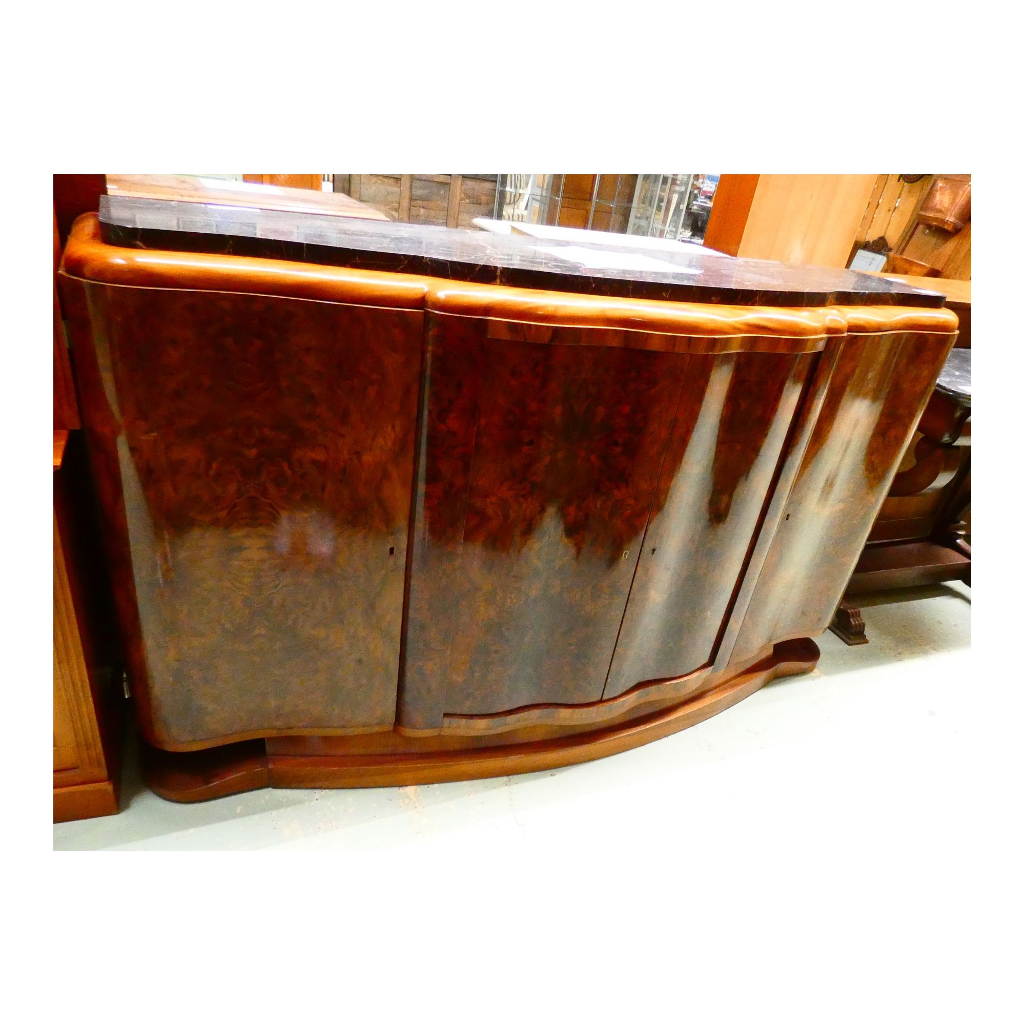 Art Deco 4-Door Sideboard with Black Marble Top and Key Art Deco 4-Door Sideboard with Black Marble Top and Key