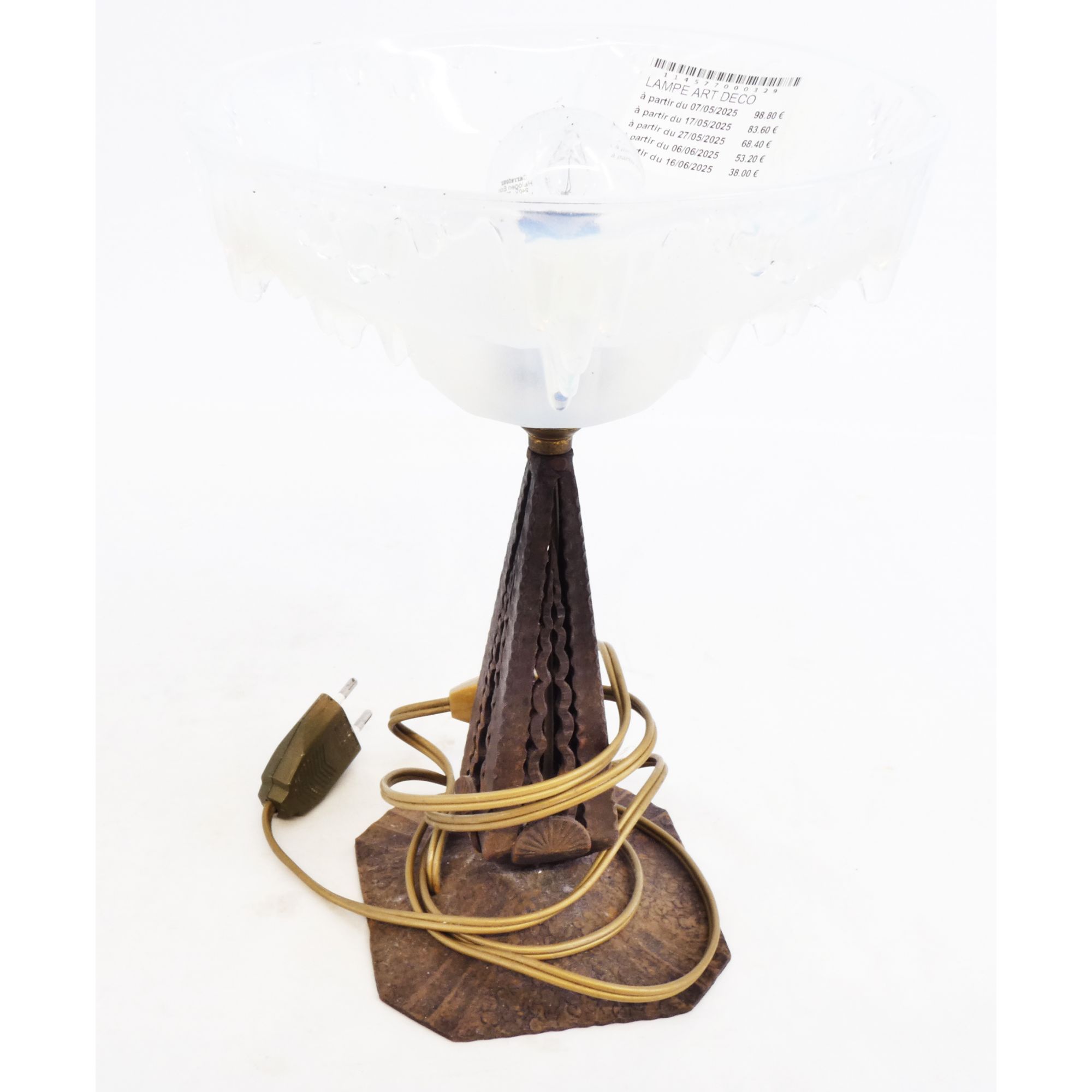 Art Deco Lamp with Opalescent Opaline and Wrought Iron Base Art Deco Lamp with Opalescent Opaline and Wrought Iron Base