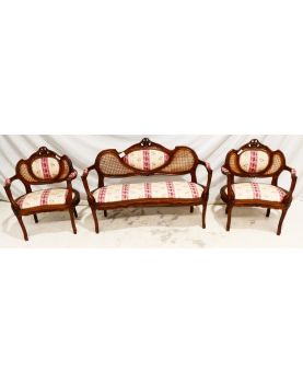 Louis XV Style Bench and 2 Armchairs Set with Caned Backrest