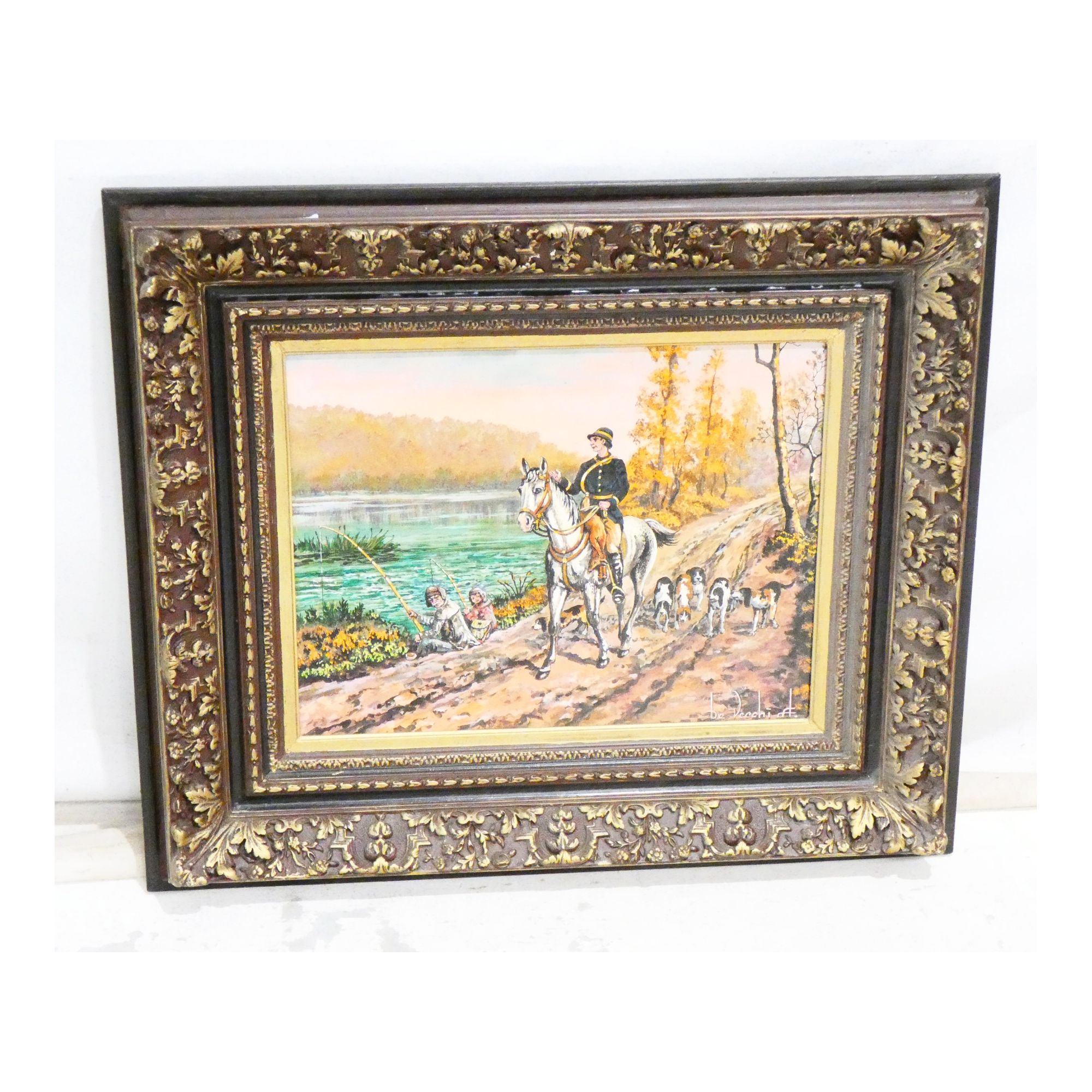 Huile sur Panneau Décor Chasse et Pêche Signé DEVECCHI Huile sur Panneau Décor Chasse et Pêche Signé DEVECCHI