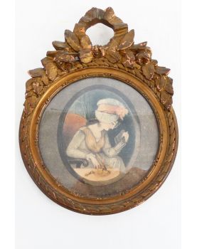 Petite Gravure Liseuse dans un Cadre en Bois Doré Style Louis XVI