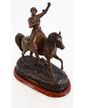 Sujet Jeanne d'Arc en Régule Patiné en Bronze sur Socle en Bois