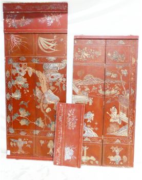 Set of 3 Red Lacquered Asian Panels