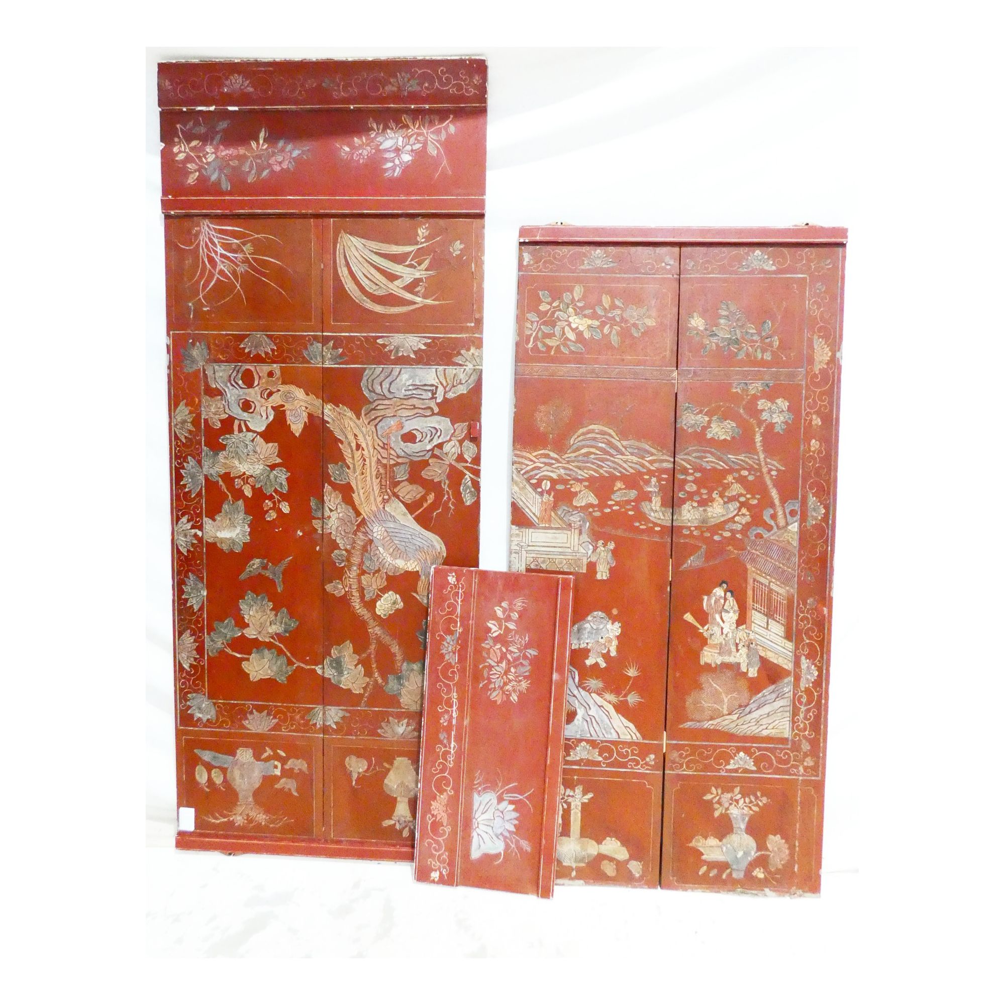 Lot de 3 Panneaux Asiatique Laqués Rouge Lot de 3 Panneaux Asiatique Laqués Rouge