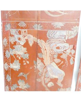 Set of 3 Red Lacquered Asian Panels