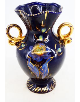 Earthenware Vase with 2 Blue and Gold Handles