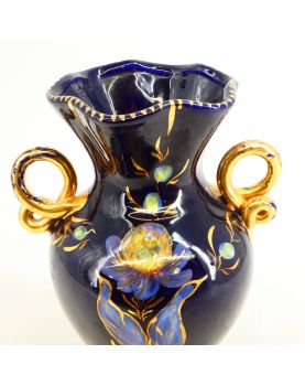 Vase en Faïence 2 Anses Bleue et Dorée