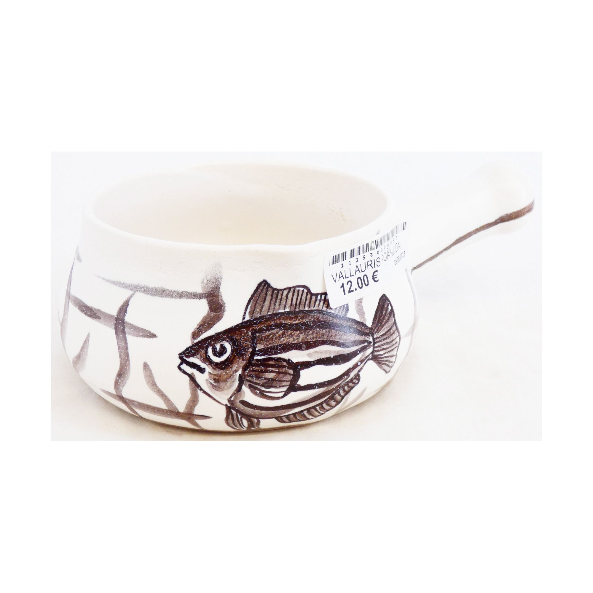 VALLAURIS Frying Pan with Fish Decor in Grey on a White Background VALLAURIS Frying Pan with Fish Decor in Grey on a White Background