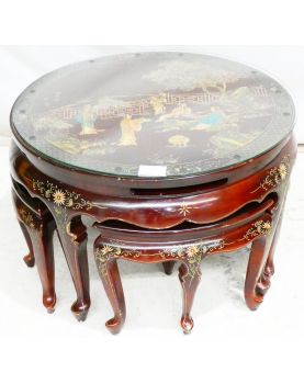 Table Basse Ronde Dessus Verre Asie avec 4 Tabourets Incorporés
