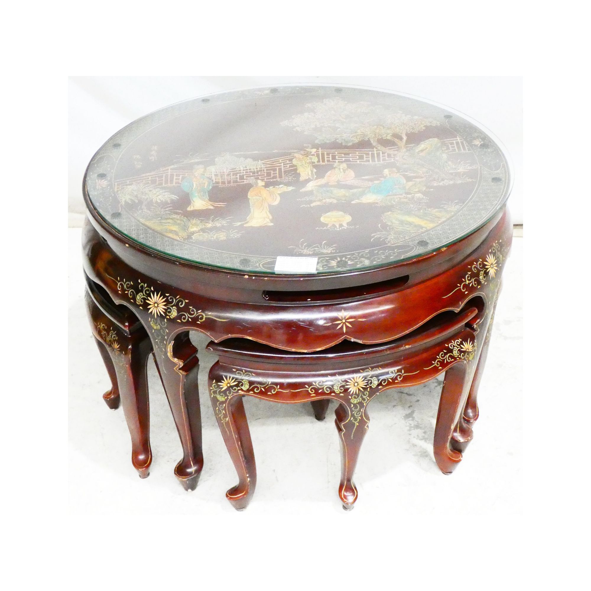 Round Asian Glass Top Coffee Table with 4 Built-in Stools Round Asian Glass Top Coffee Table with 4 Built-in Stools