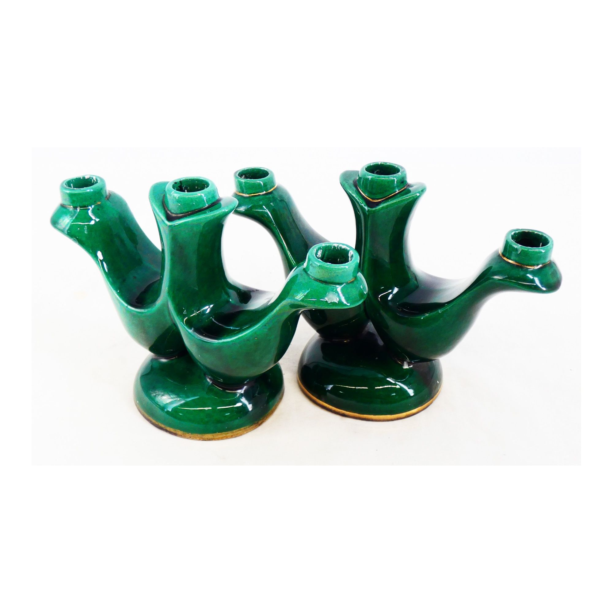 Paire de Bougeoirs en Faïence Verte Paire de Bougeoirs en Faïence Verte