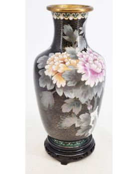 Vase Cloisonné Asie avec Support en Bois