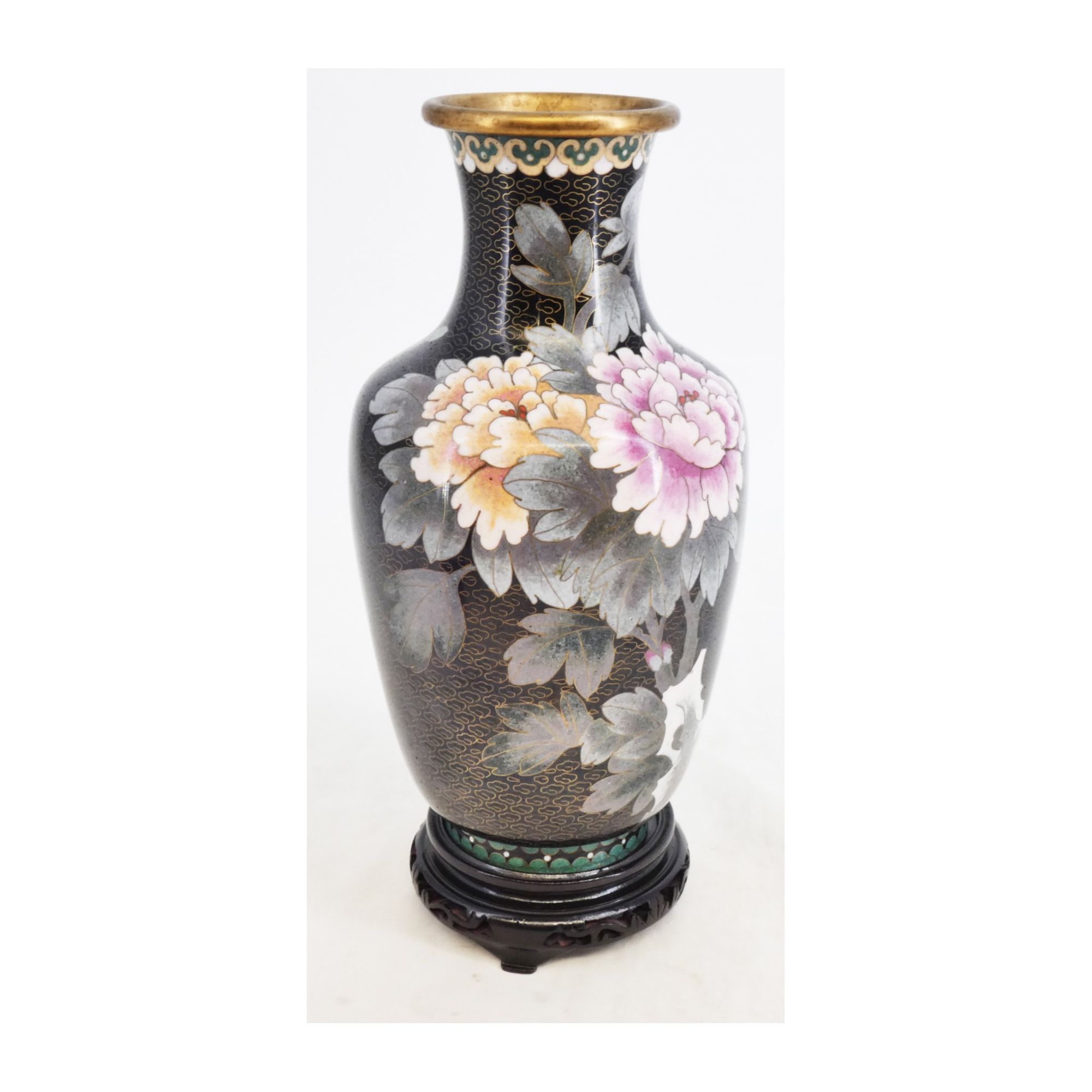 Asian Cloisonné Vase with Wooden Stand Asian Cloisonné Vase with Wooden Stand