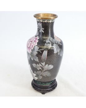 Asian Cloisonné Vase with Wooden Stand