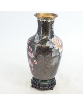 Asian Cloisonné Vase with Wooden Stand