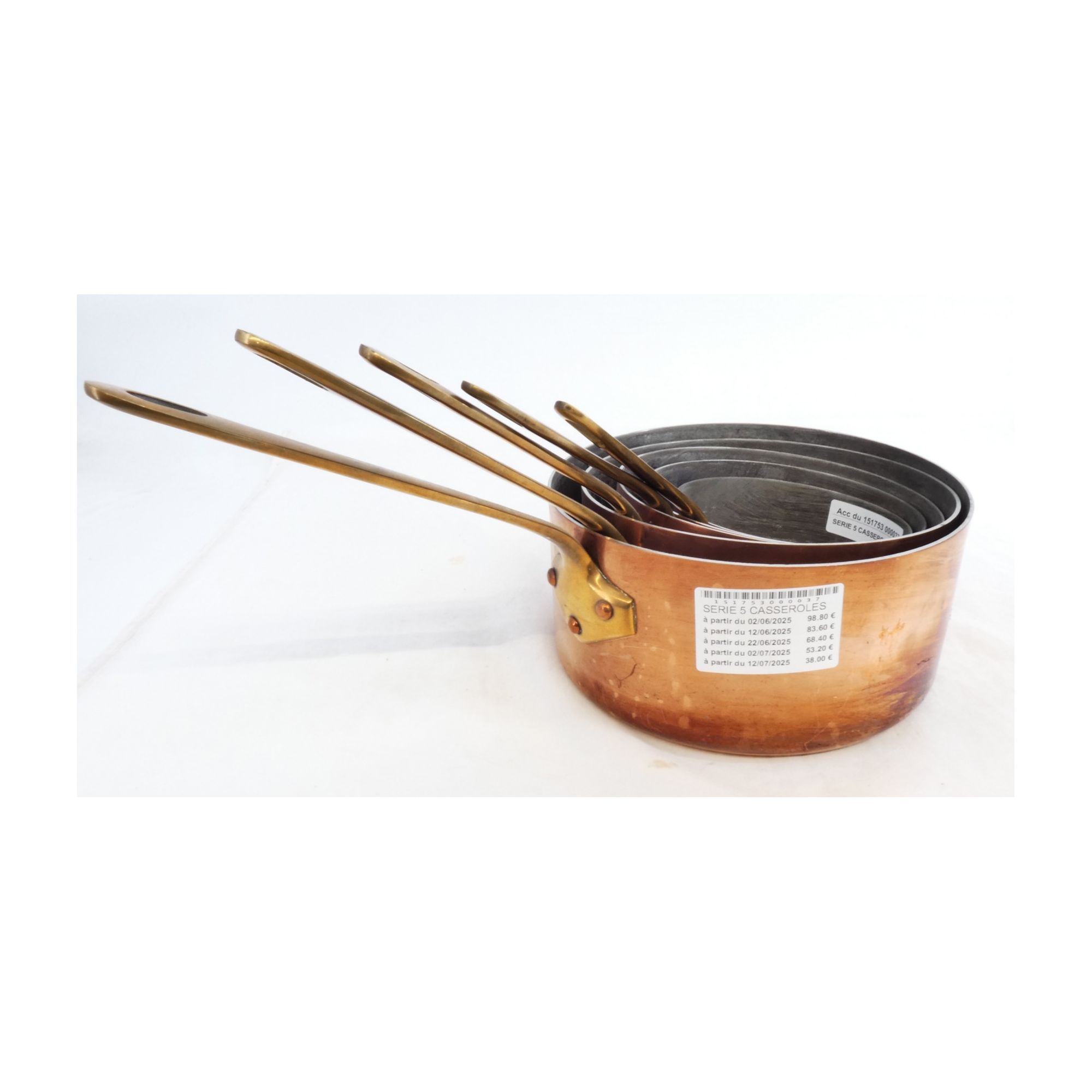 Série de 5 Casseroles en Cuivre et Manches en Laiton Série de 5 Casseroles en Cuivre et Manches en Laiton