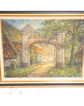 Large Oil on Canvas House with Porch Signed
