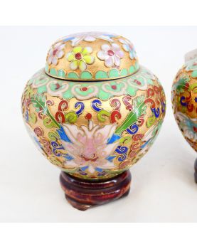 Pair of Small Enamelled Pots with Support in Wood