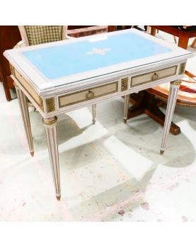Petit Bureau 2 Tiroirs 2 Tablettes Style Louis XVI Dessus Bleu