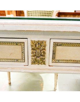 Petit Bureau 2 Tiroirs 2 Tablettes Style Louis XVI Dessus Bleu