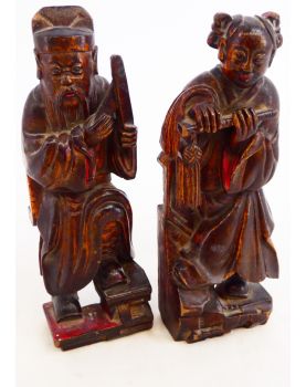 Paire de Statuettes en Bois Polychrome Chine