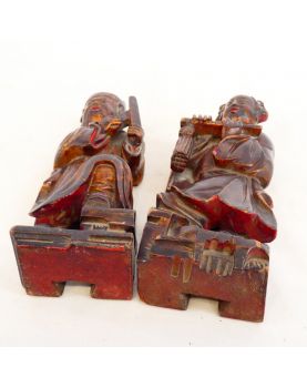 Paire de Statuettes en Bois Polychrome Chine
