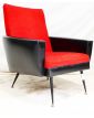 70 Armchair in Black Leatherette and Red Fabric