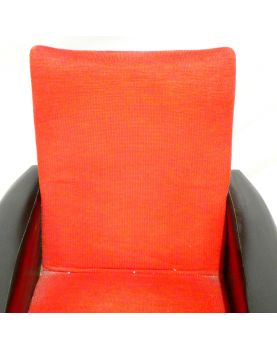 70 Armchair in Black Leatherette and Red Fabric