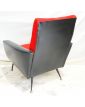 70 Armchair in Black Leatherette and Red Fabric