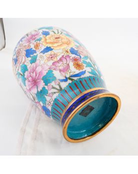 Paire de Vases Cloisonnés Asie avec Support en Bois