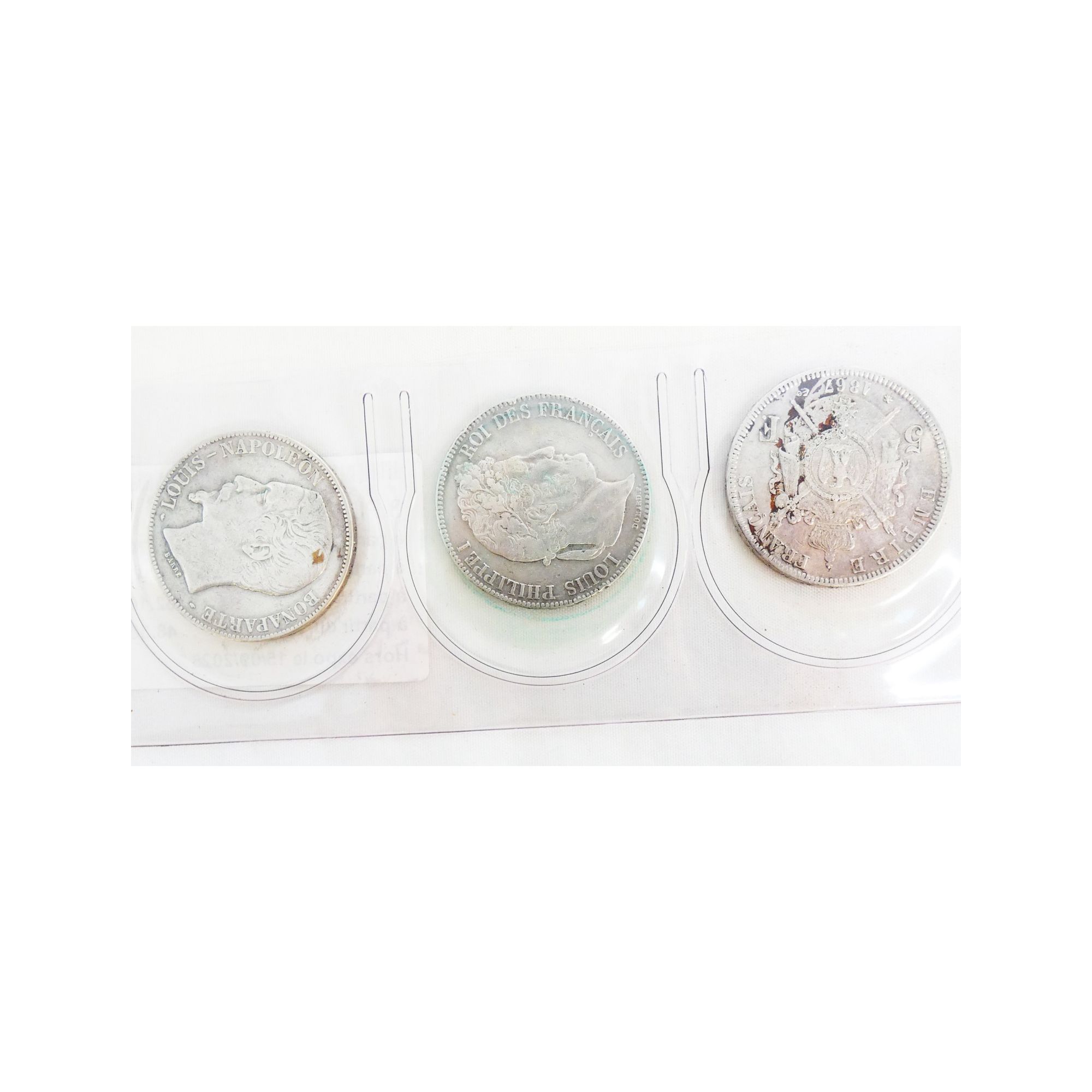 3 19th Century Silver 5 Franc Coins 3 19th Century Silver 5 Franc Coins